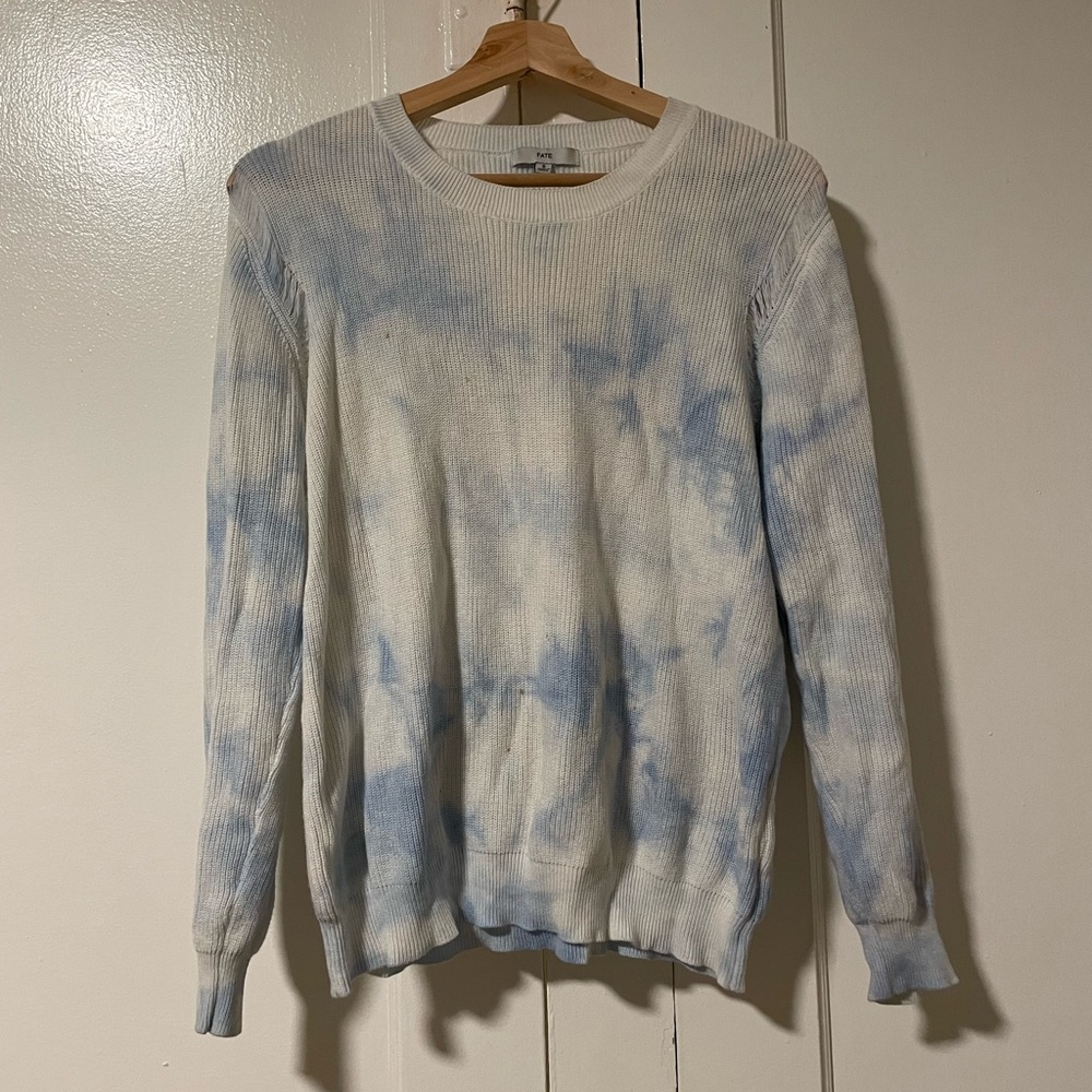 Baby blue and white tie dyed sweater from local boutique.
